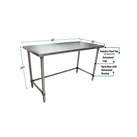 Bk Resources Work Table Open Base 16/304 Stainless Steel, Galvanized Legs 60"Wx30"D CTTOB-6030